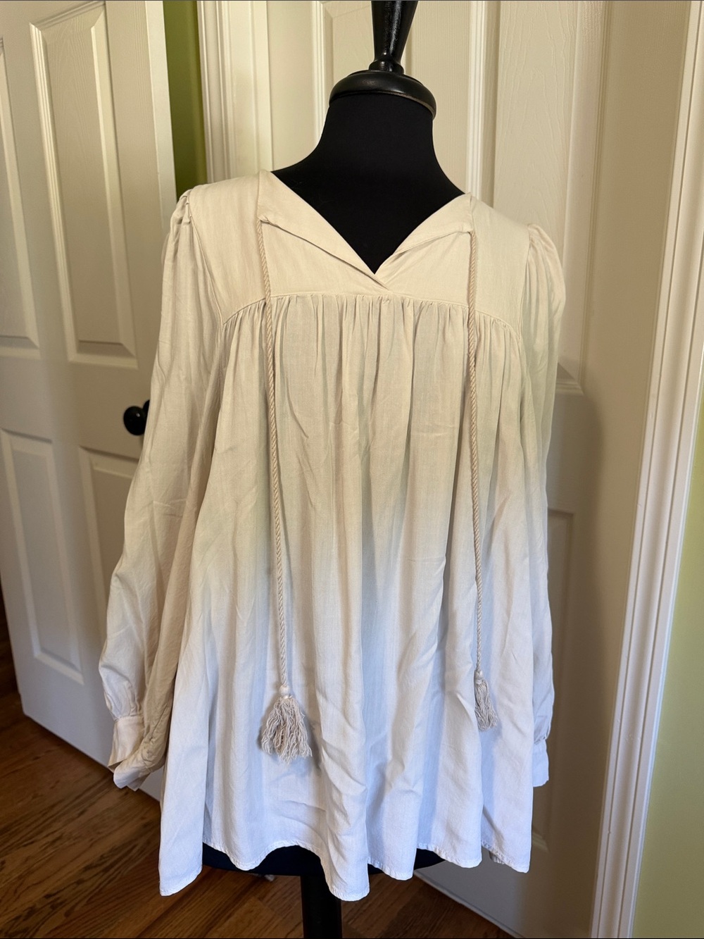 Neutral Cream Peasant Tunic Top with Tassel Ties
